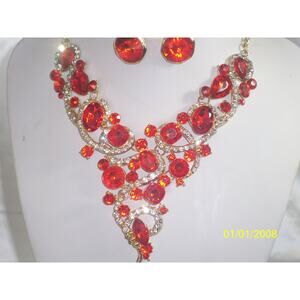 Red rhinestone necklace set, MOB bridal prom party drag queen necklace